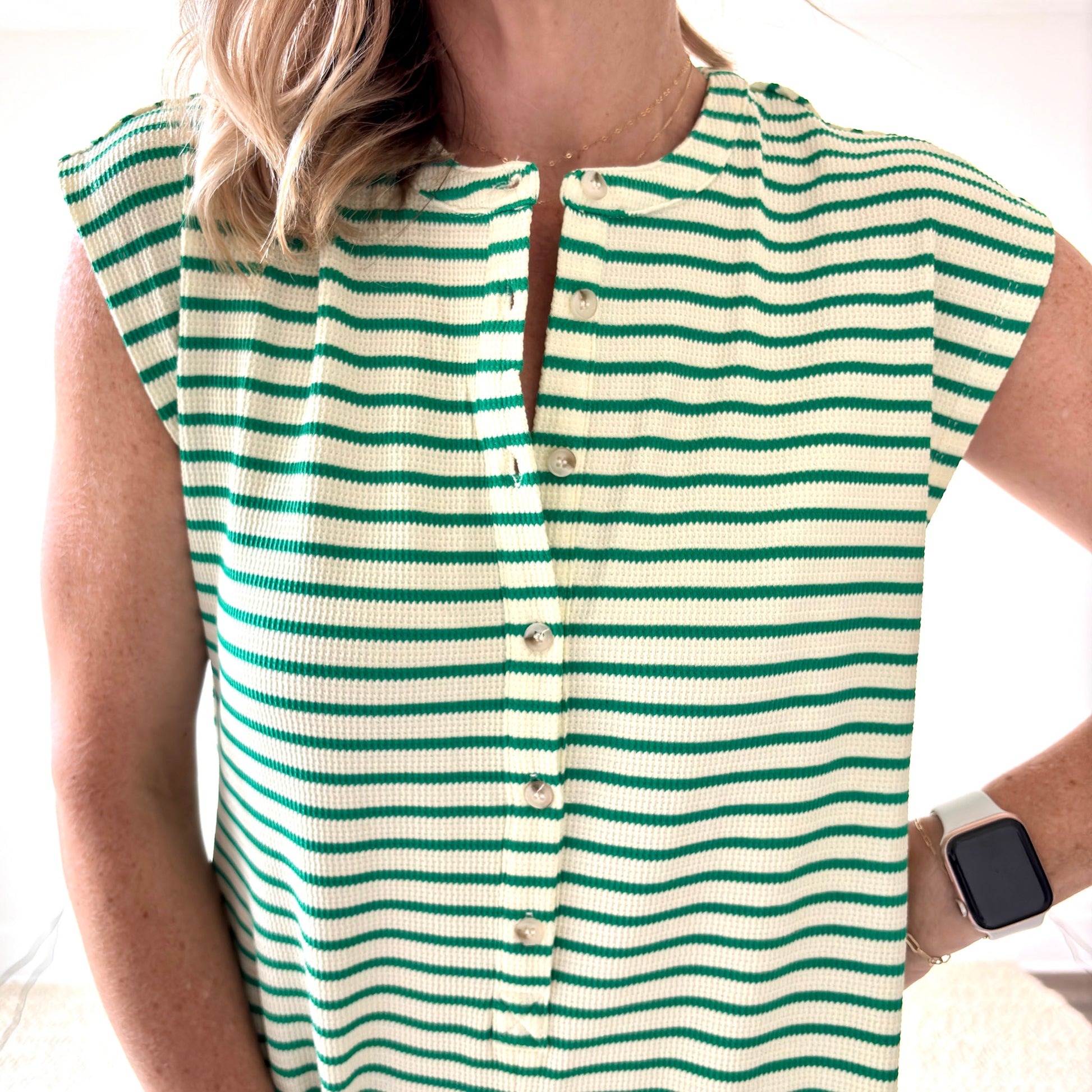 Green and white stripe wide leg button front jumpsuit