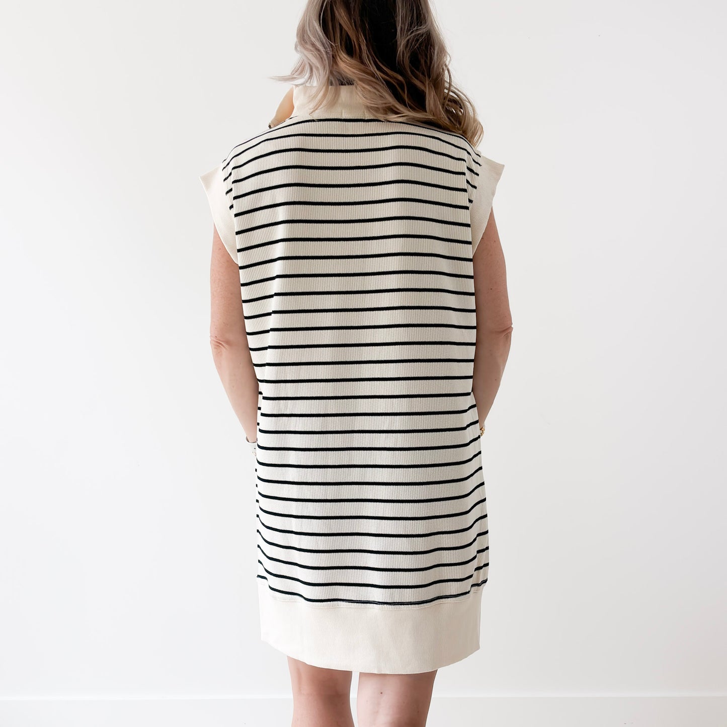 Women's ivory with black stripe ribbed quarter zip mini dress with pockets