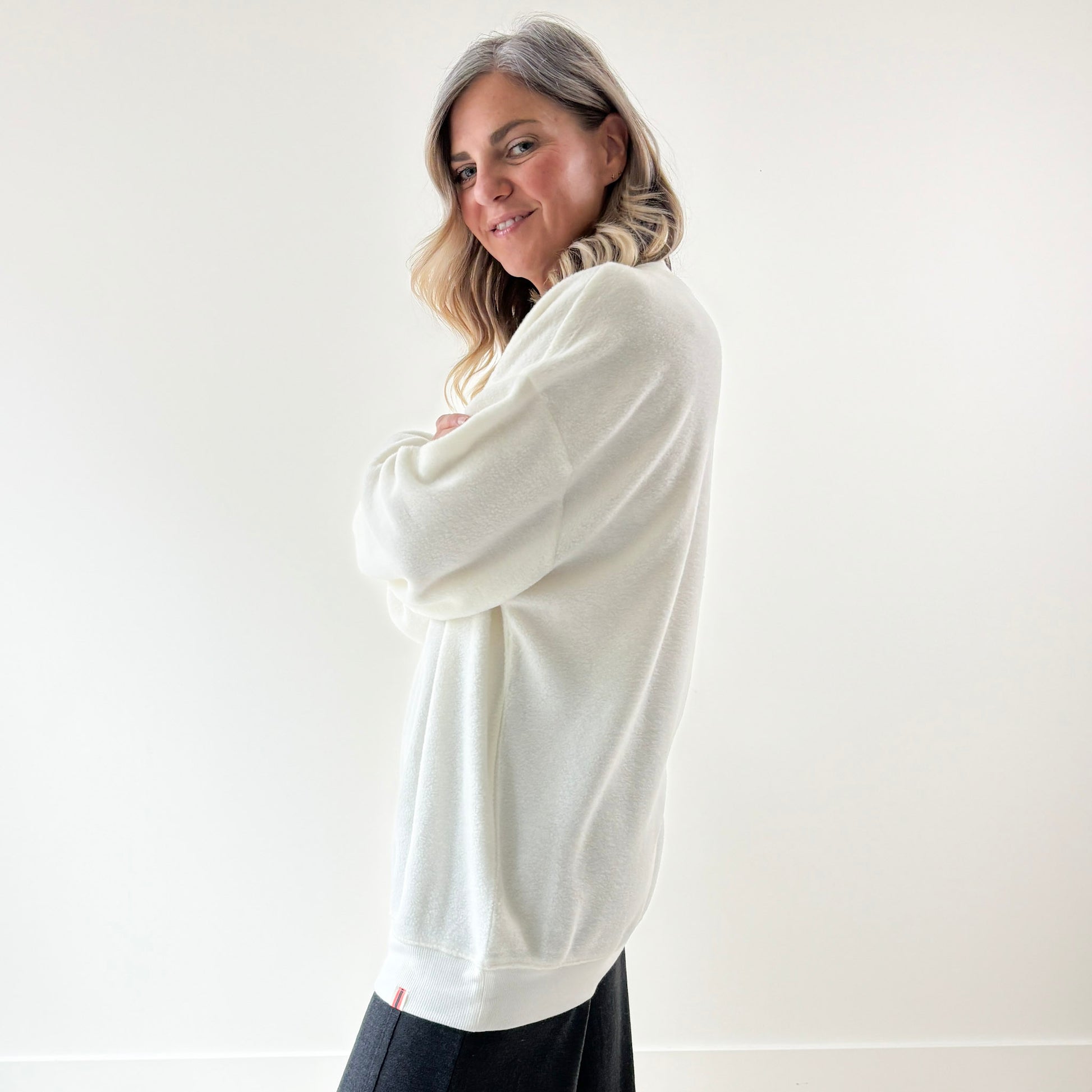 Women's ivory crewneck fuzzy tunic length sweatshirt with charcoal grey printed chardonnay is the answer graphic