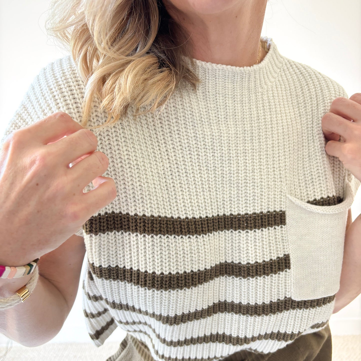 Striped Chunky Knit Pocket Sweater