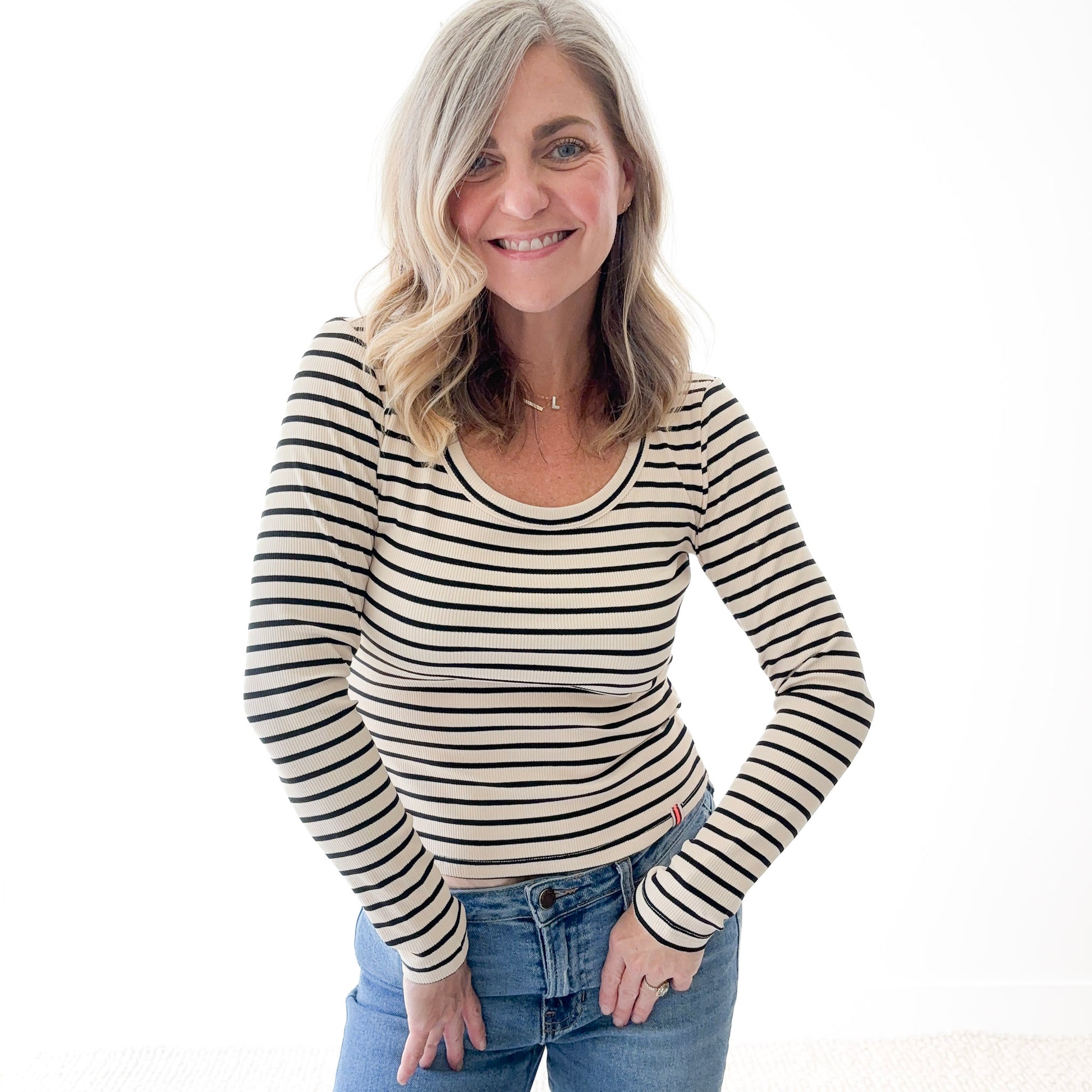 Women's long sleeve scoop neck ivory with black stripes
fitted tee