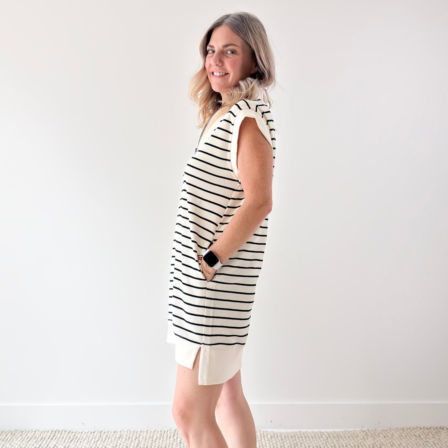 Women's ivory with black stripe ribbed quarter zip mini dress with pockets