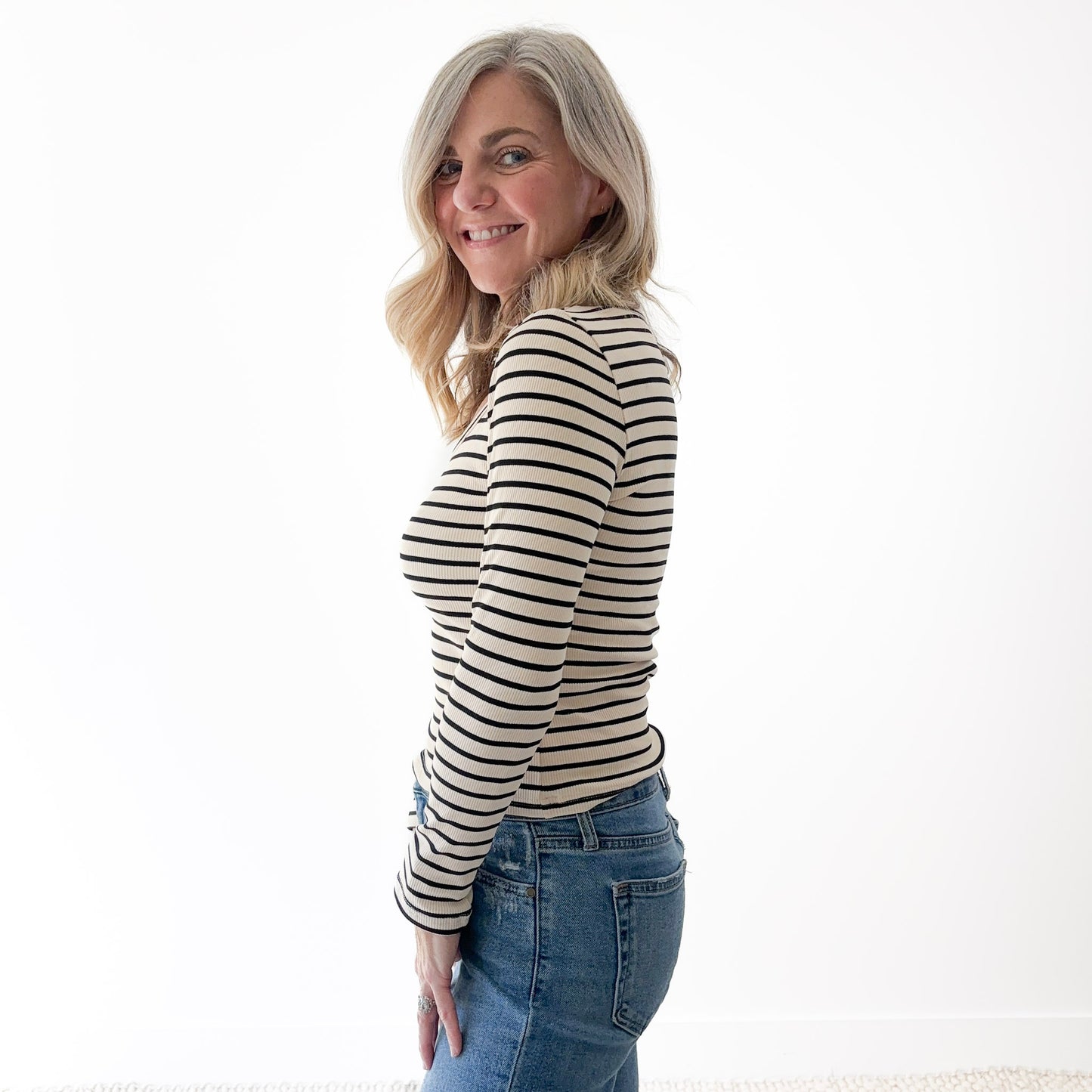 Women's long sleeve scoop neck ivory with black stripes
fitted tee