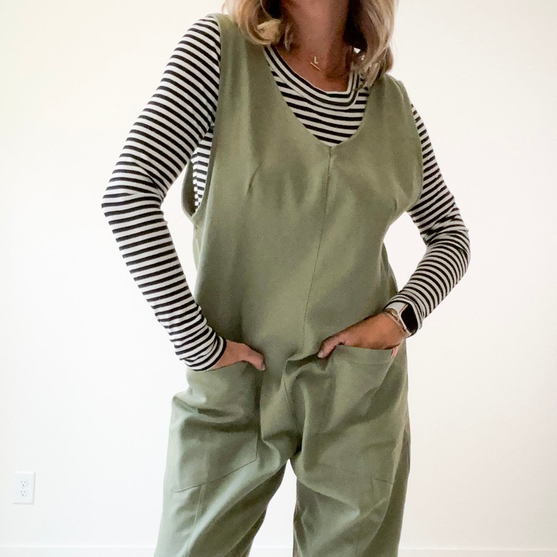 Women's Olive Front Seam Pull on woven jumpsuit with front pockets