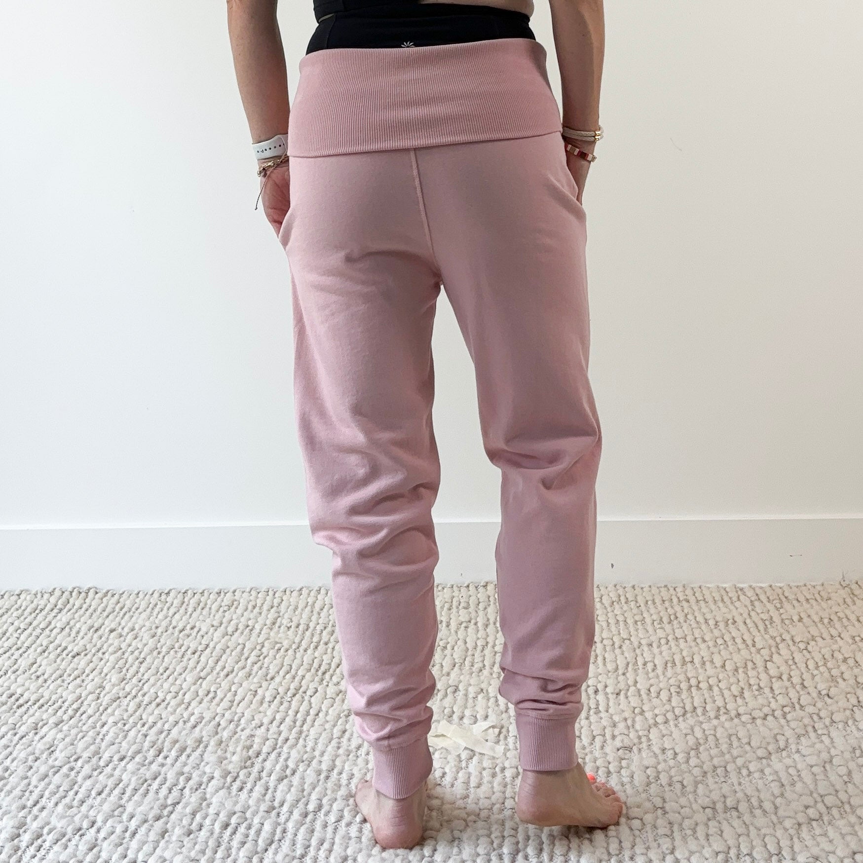 Women's light pink high rise foldover waist jogger with pockets