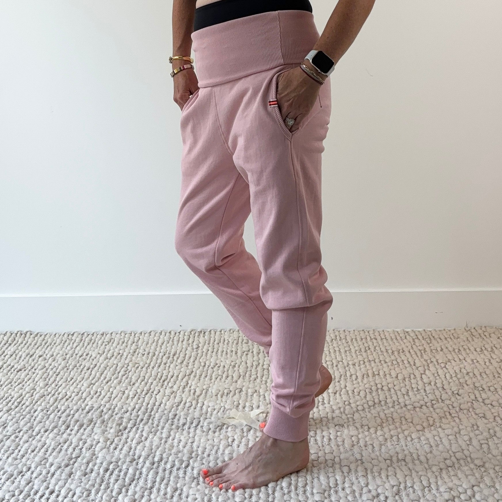 Women's light pink high rise foldover waist jogger with pockets