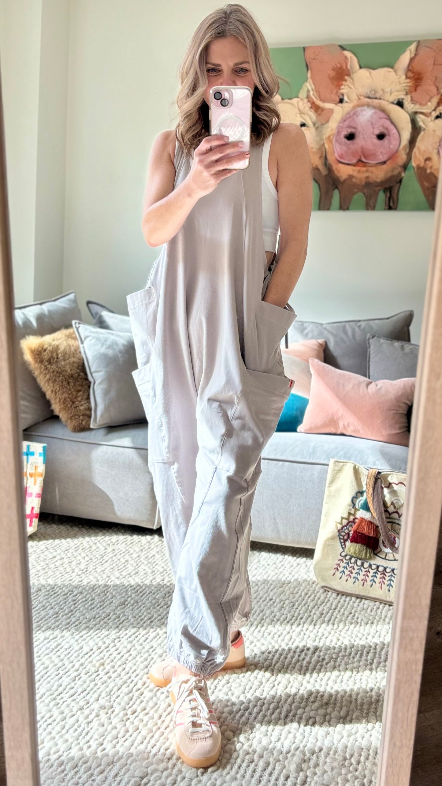 Women's Light Grey Knit Tank jumpsuit romper with cargo pockets side ties and gathered elastic hem