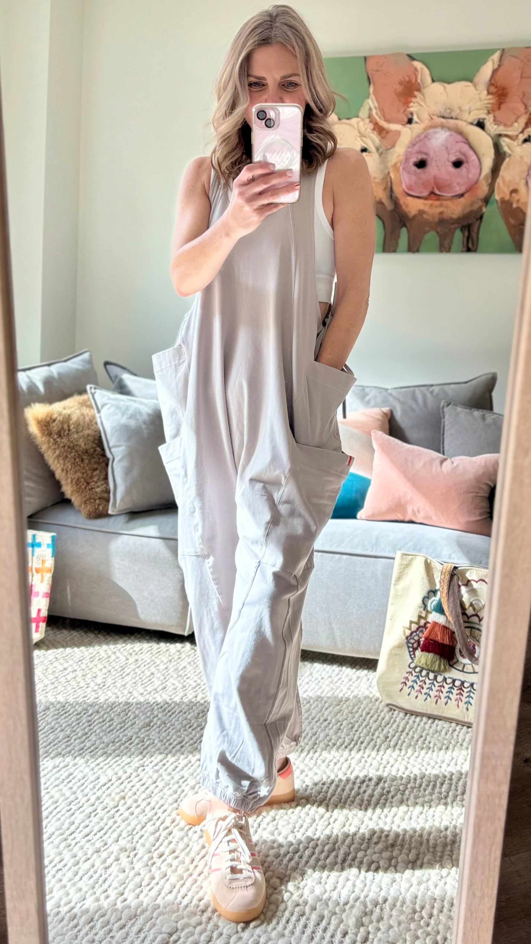 Women's Light Grey Knit Tank jumpsuit romper with cargo pockets side ties and gathered elastic hem