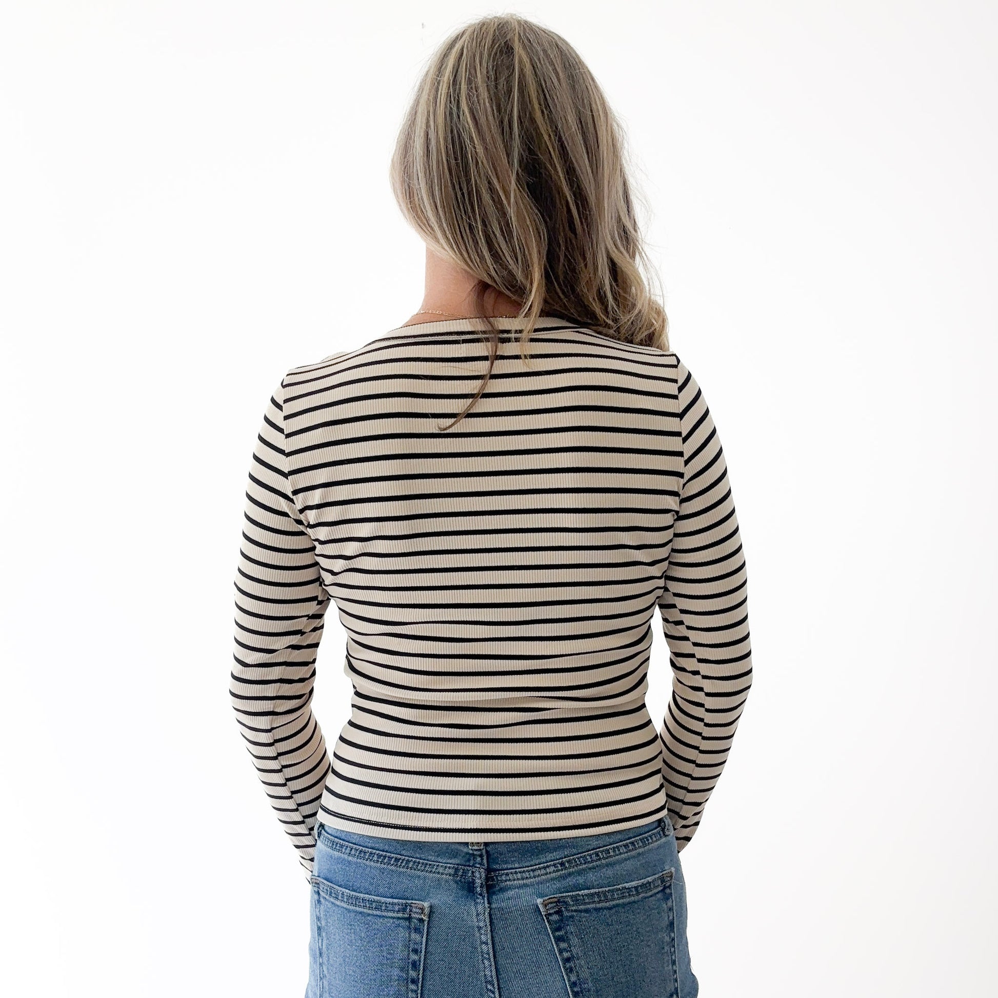 Women's long sleeve scoop neck ivory with black stripes
fitted tee