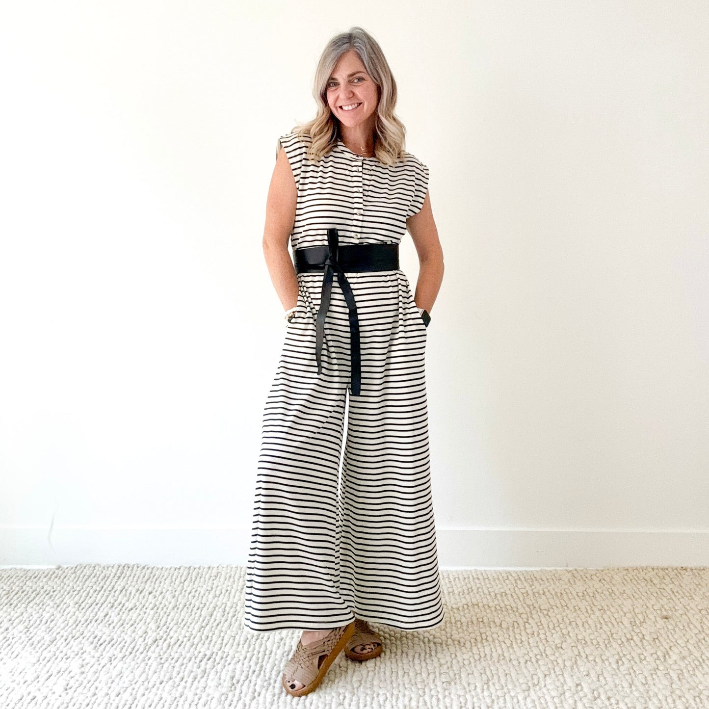 Black and white stripe wide leg button front jumpsuit