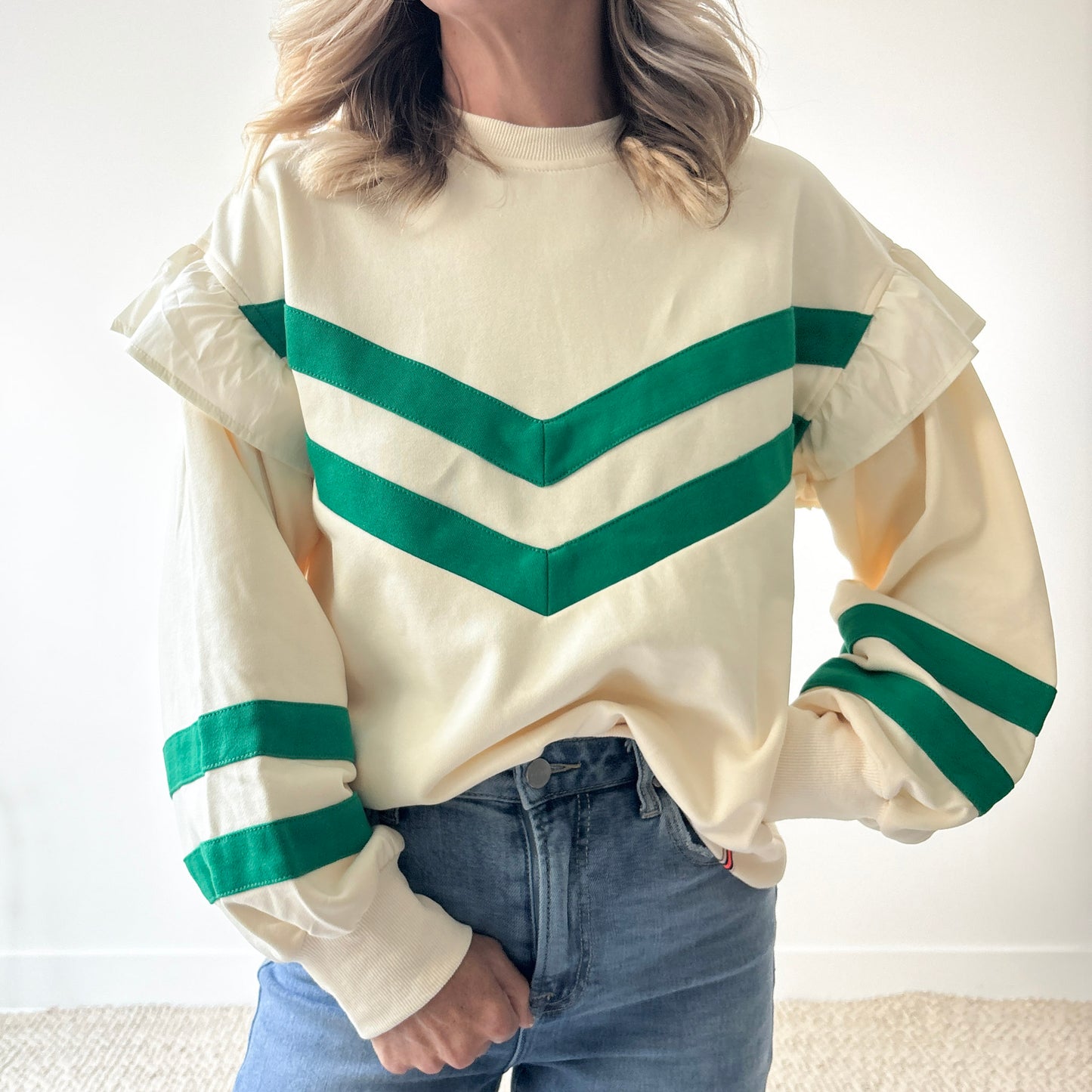 Puff Sleeve Ruffle French Terry Sweatshirt with Pieced Stripes