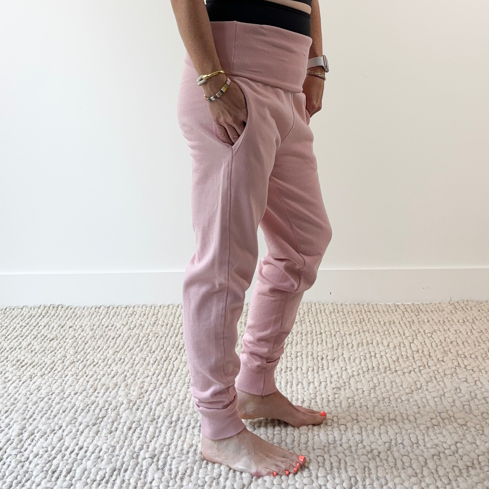 Women's light pink high rise foldover waist jogger with pockets