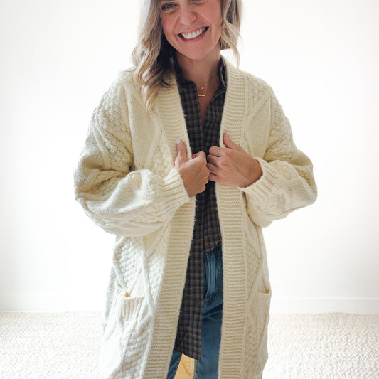 SALE Heavyweight Ivory Cable Patterned Duster Long Cardigan
