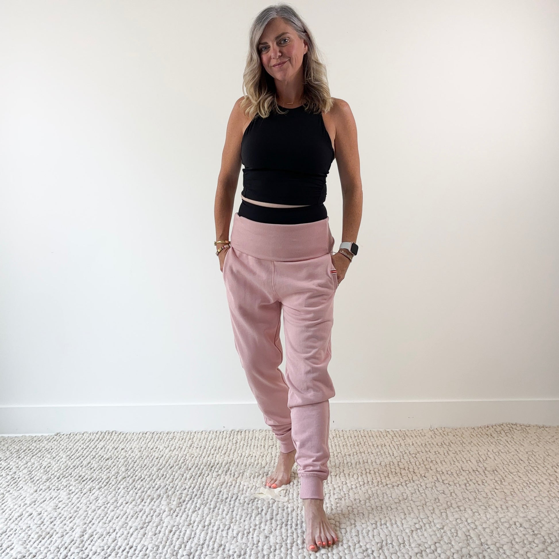Women's light pink high rise foldover waist jogger with pockets
