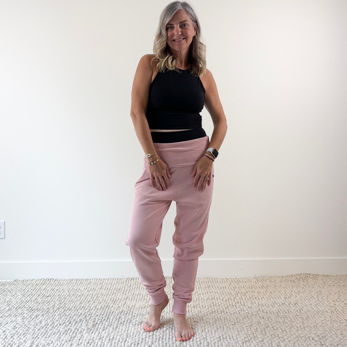 Women's light pink high rise foldover waist jogger with pockets
