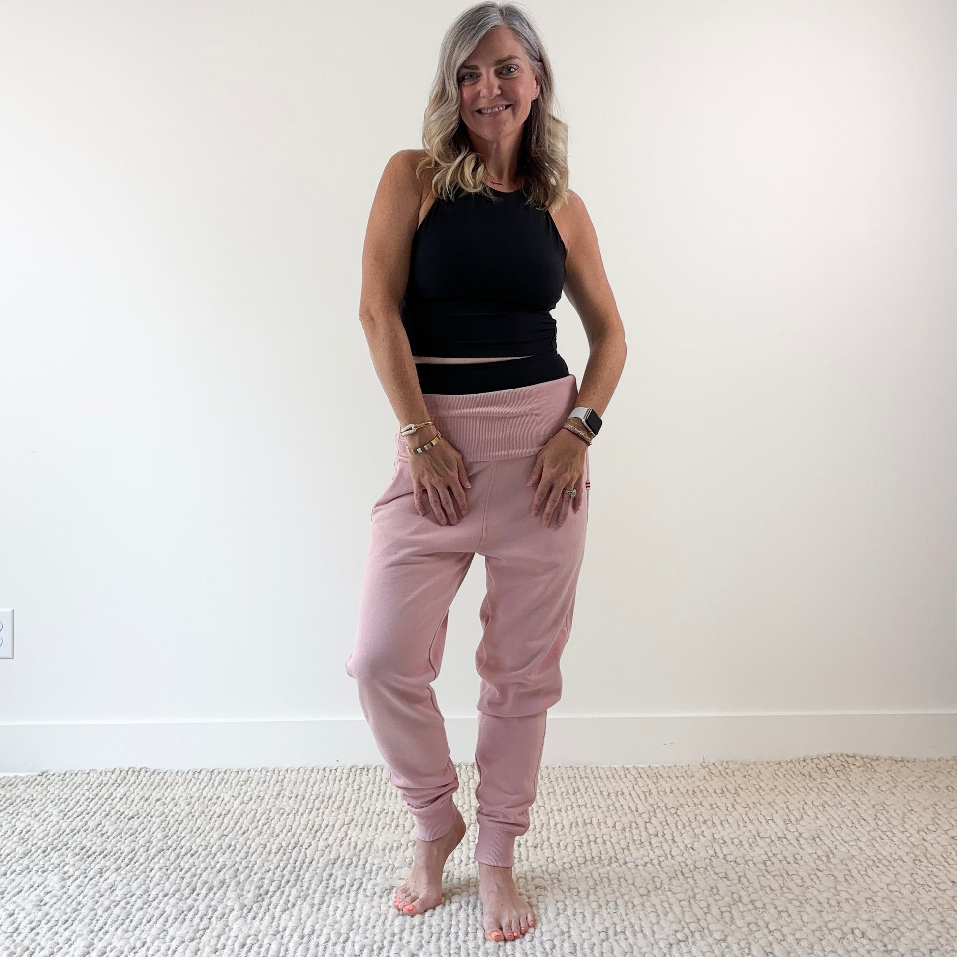 Women's light pink high rise foldover waist jogger with pockets