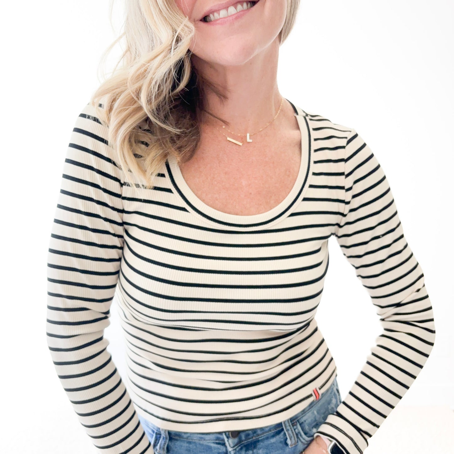 Women's long sleeve scoop neck ivory with black stripes
fitted tee