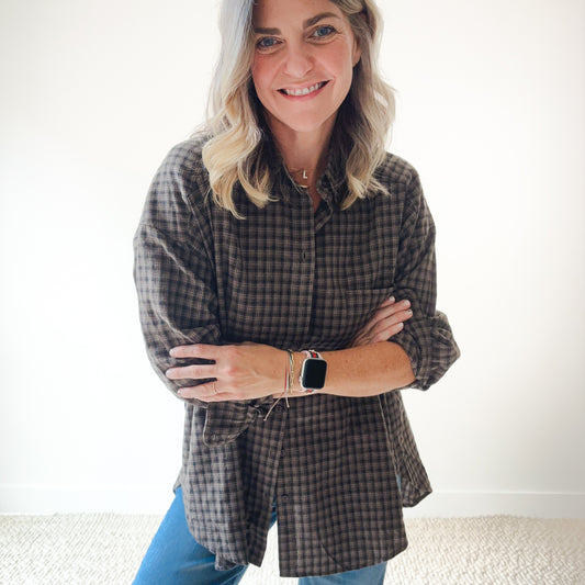 SALE Oversized Plaid Button Front Tunic Top