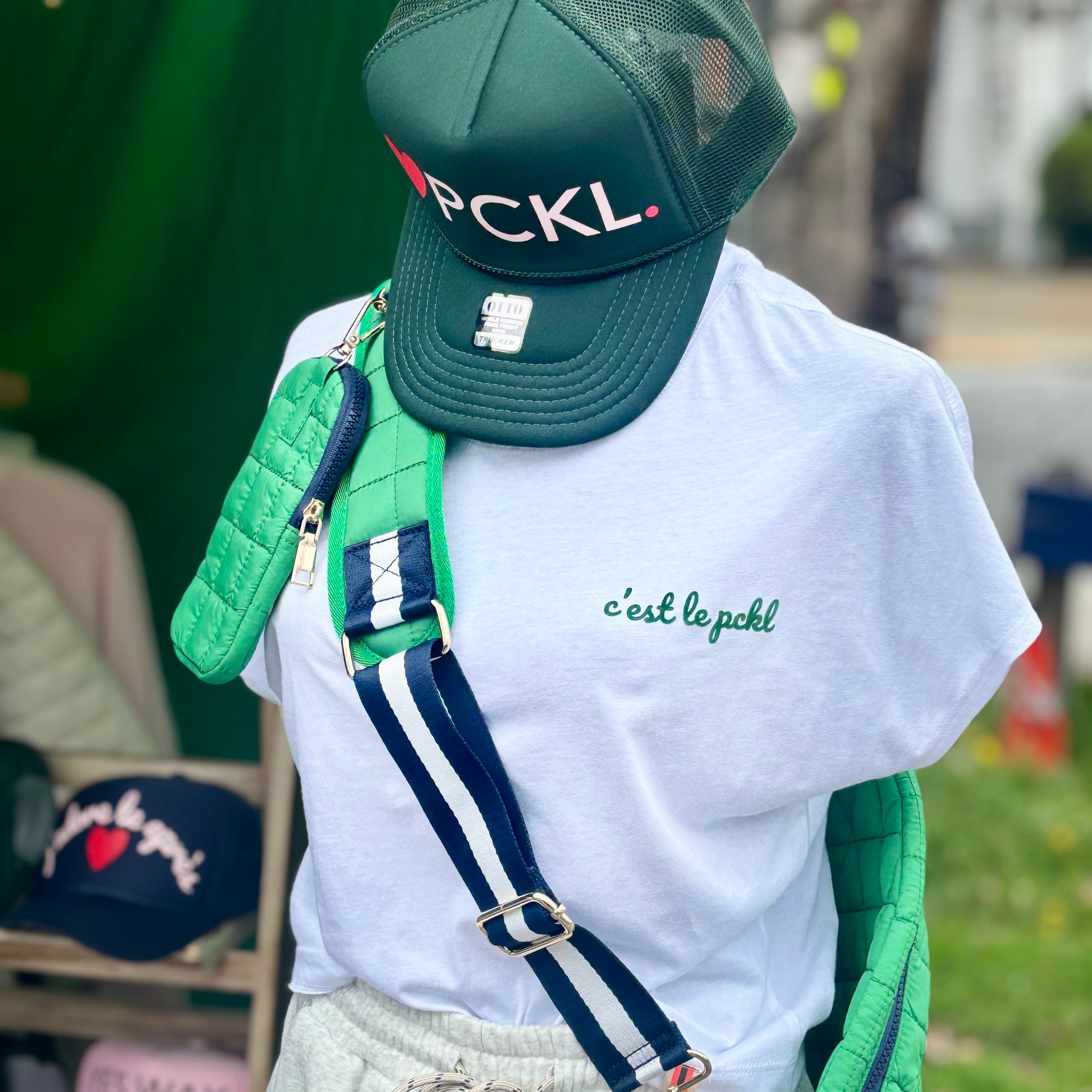 White short sleeve ultra soft t-shirt with green c'est le pickleball left chest graphic