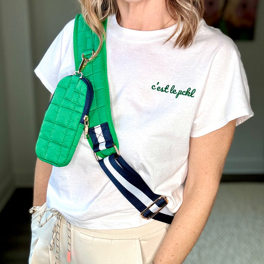 White short sleeve ultra soft t-shirt with green c'est le pickleball left chest graphic