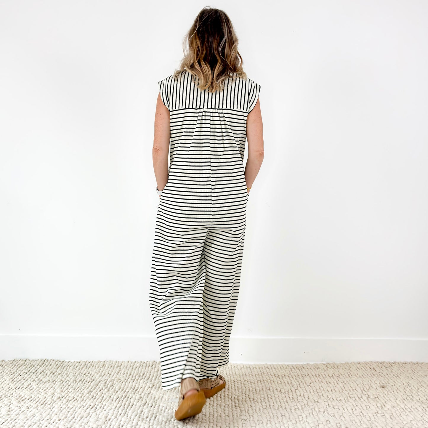 Black and white stripe wide leg button front jumpsuit