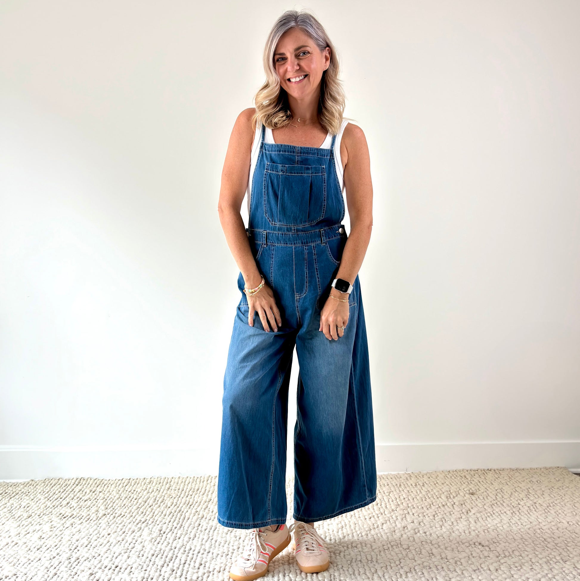 Women's Light Weight Wide Leg Medium Wash Cropped Denim Overall