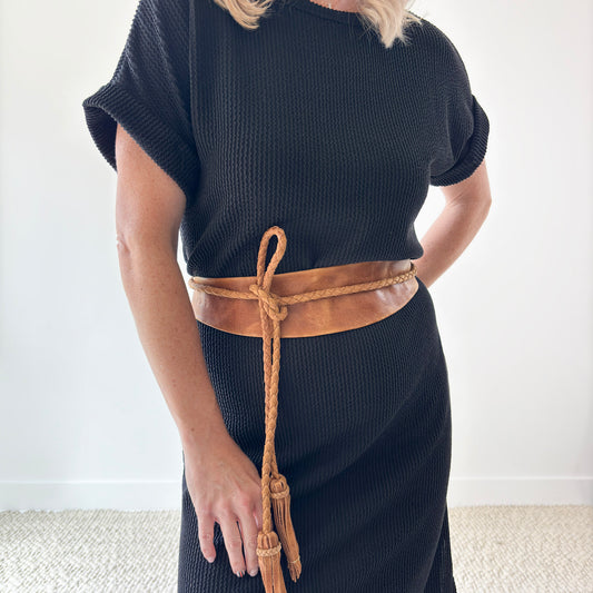 Women's caramel leather obi wrap belt with braided tassel tie