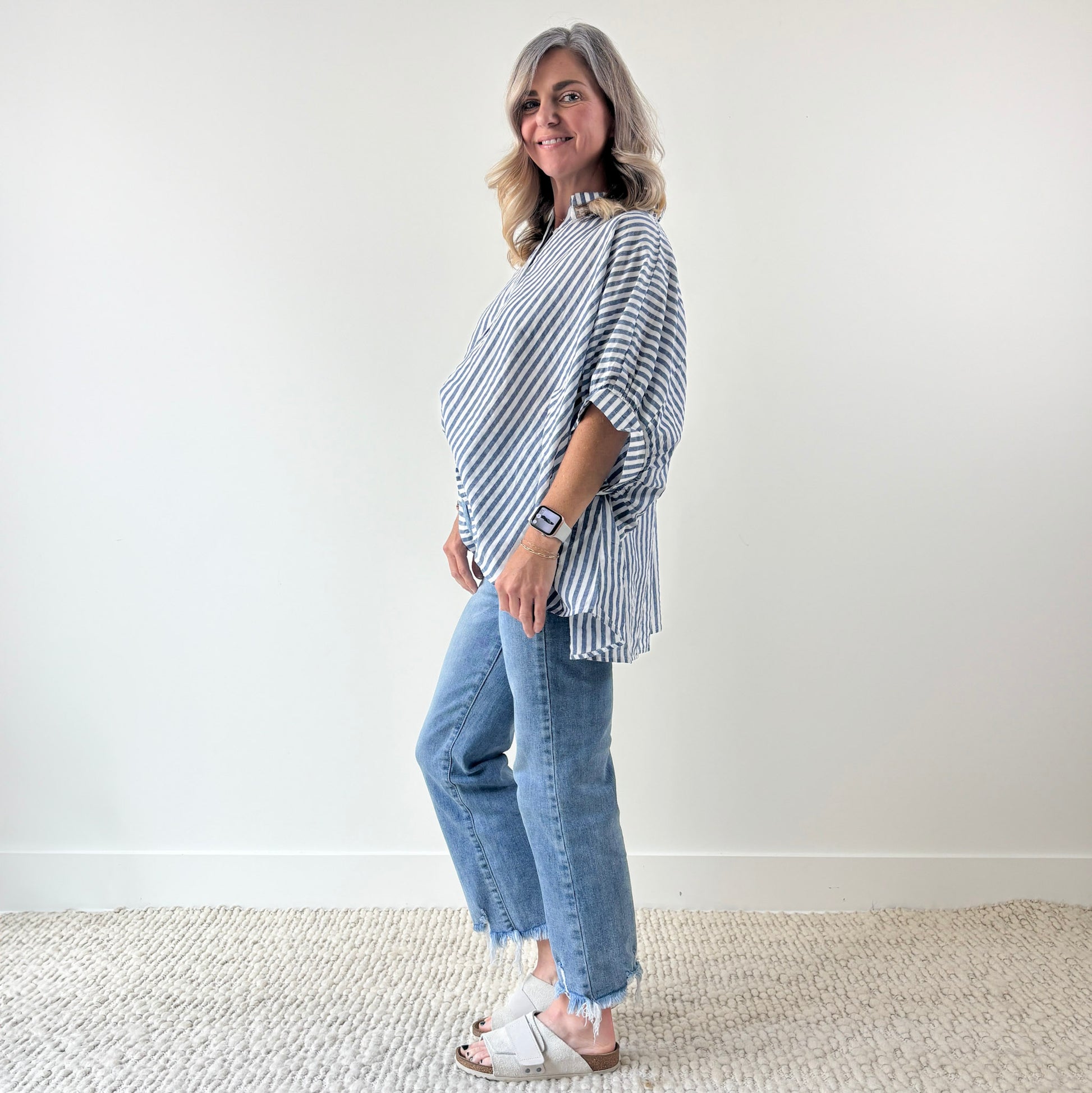 Navy and white stripe oversized button front top