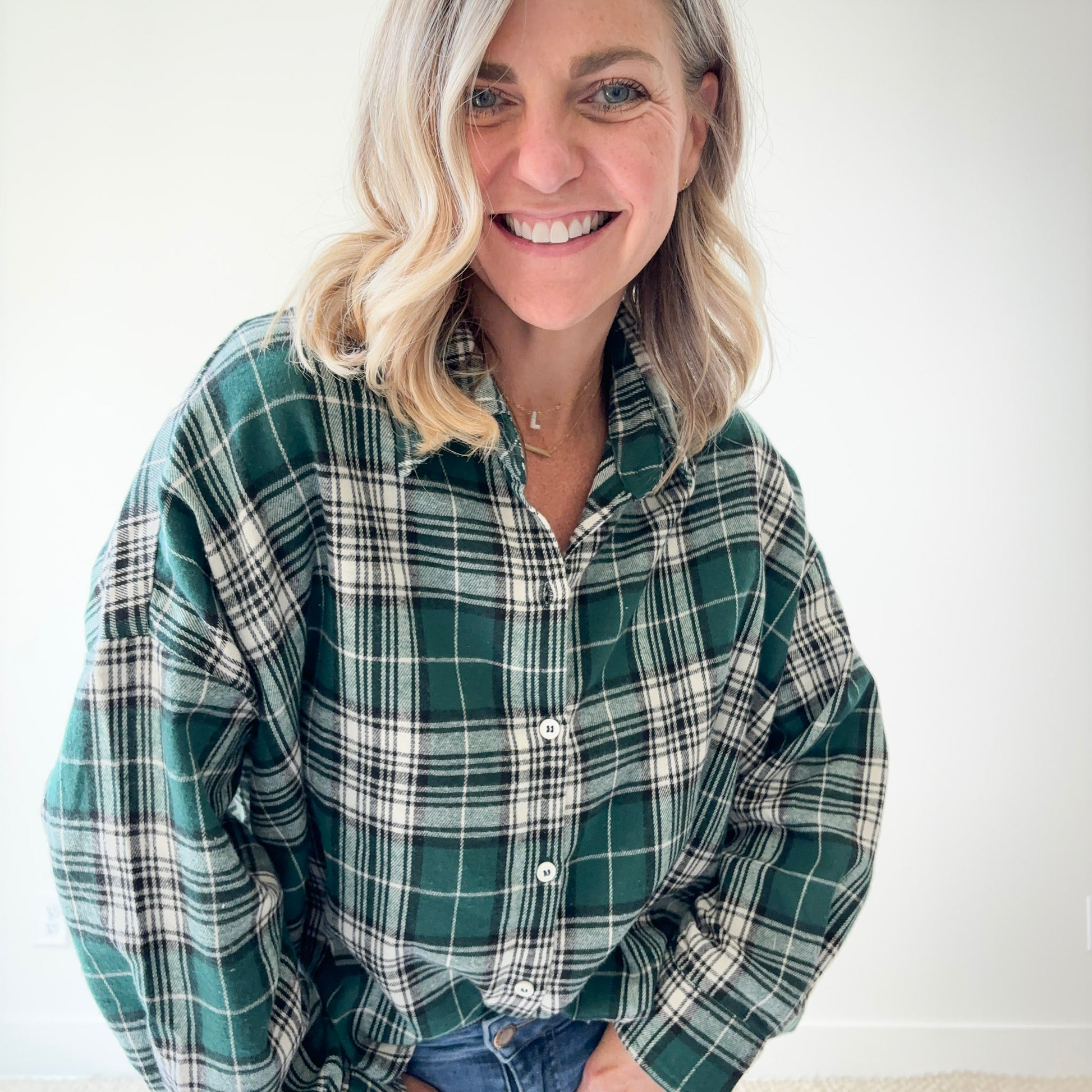 Women's super soft green and ivory plaid flannel high low button front top