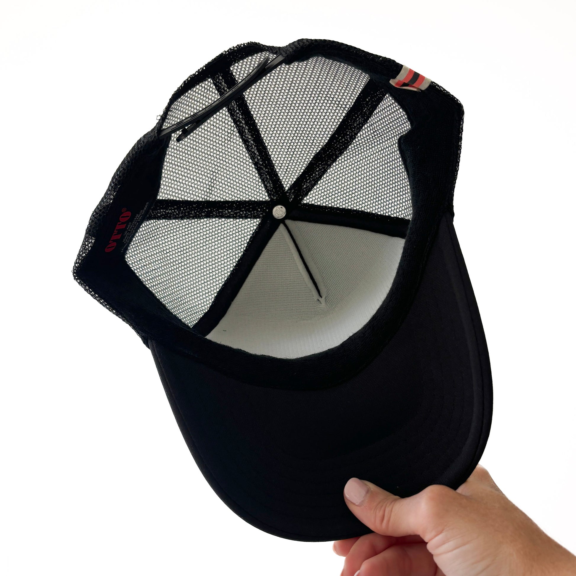 Black mid profile trucker hat with pearl script hooty hoo print