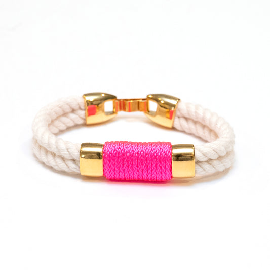 Nautical ivory rope bracelet with neon pink cord and gold hardware