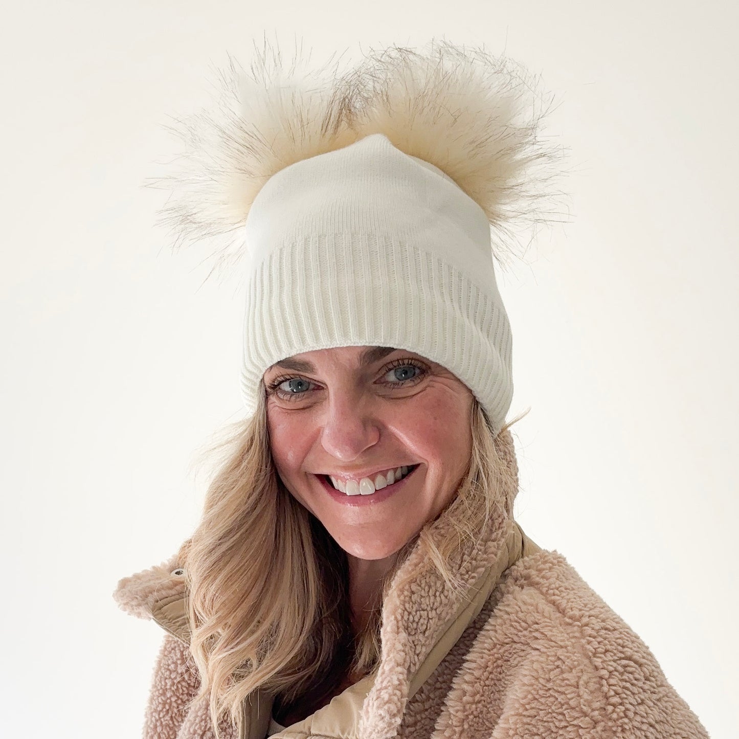 SALE Ivory Double Pom Pom Cozy Fleece Lined Rib Cuff Beanie