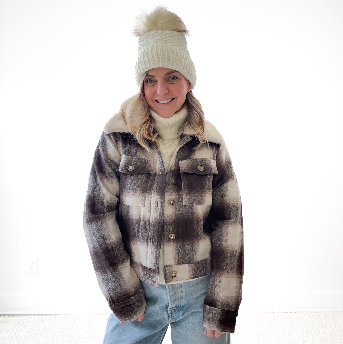 SALE Fur Collar Plaid Shacket