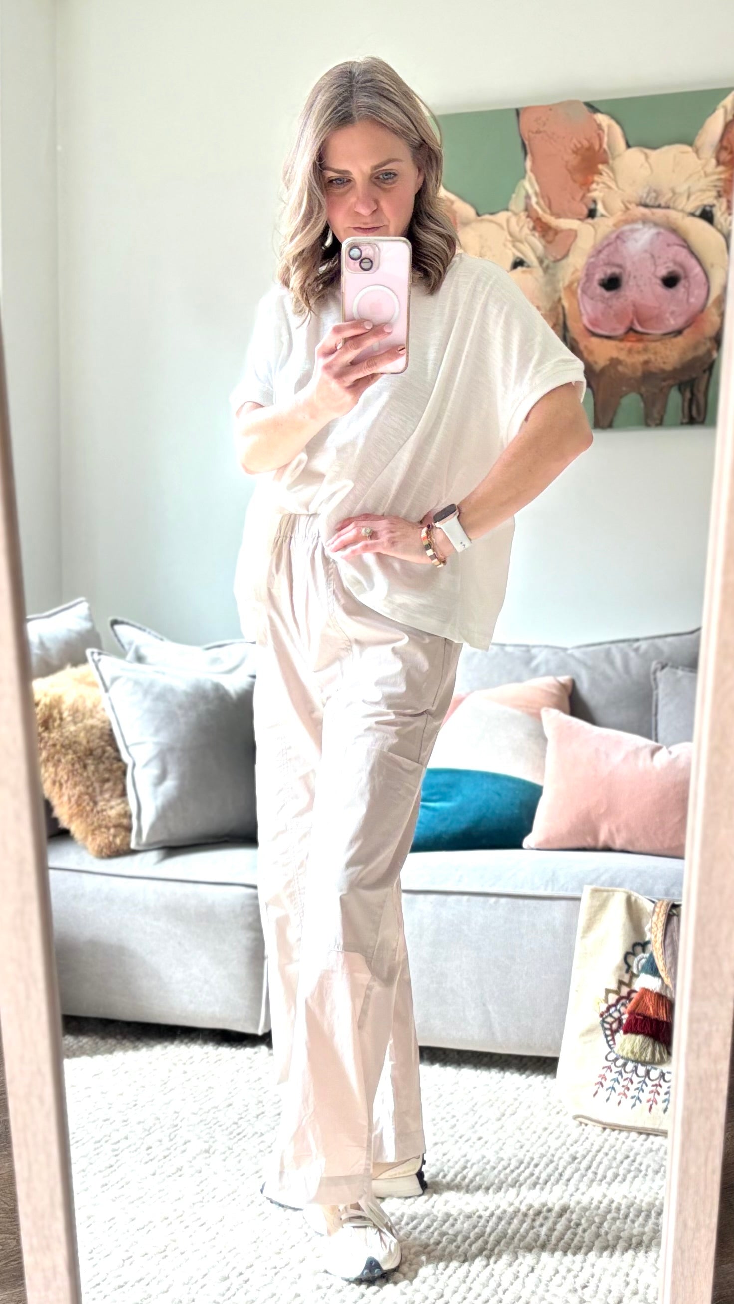 Women's pull on ultra light weight stone color poplin cargo ankle length pant