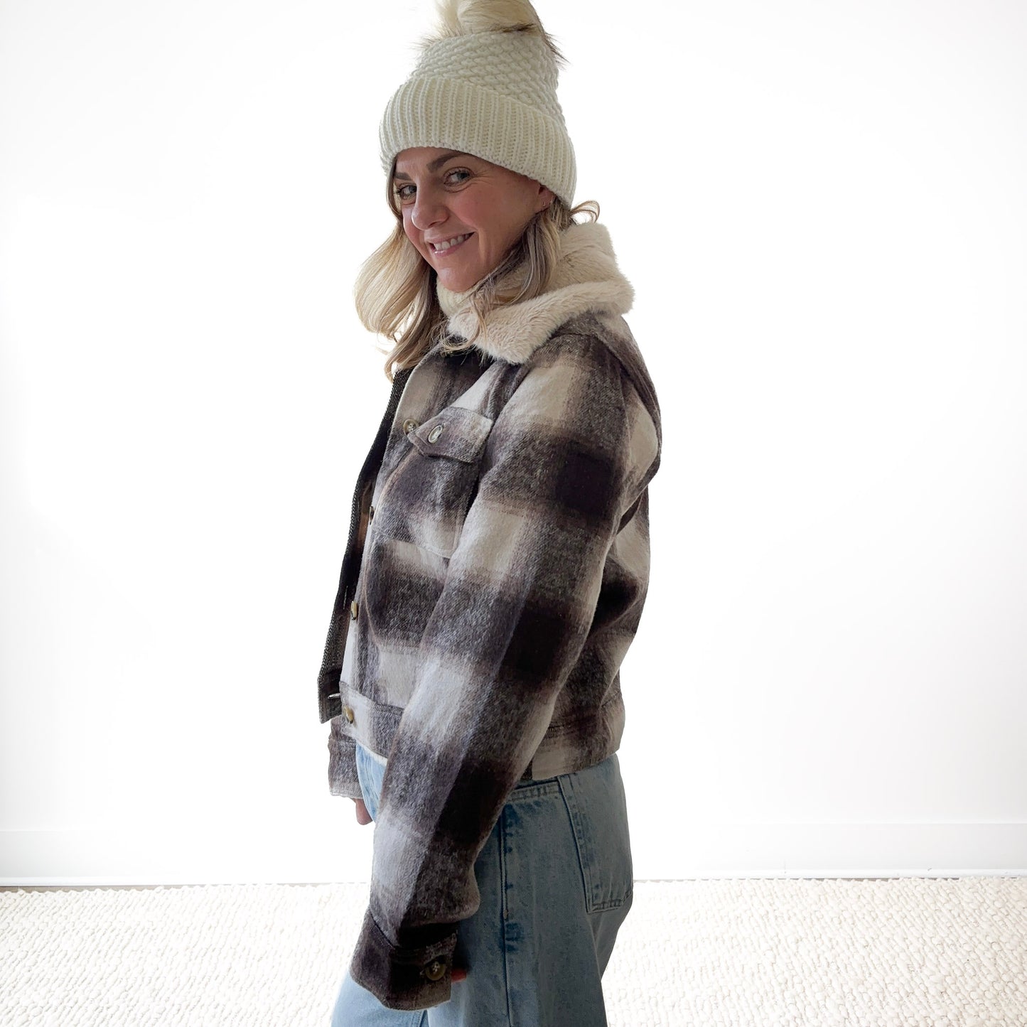 SALE Fur Collar Plaid Shacket