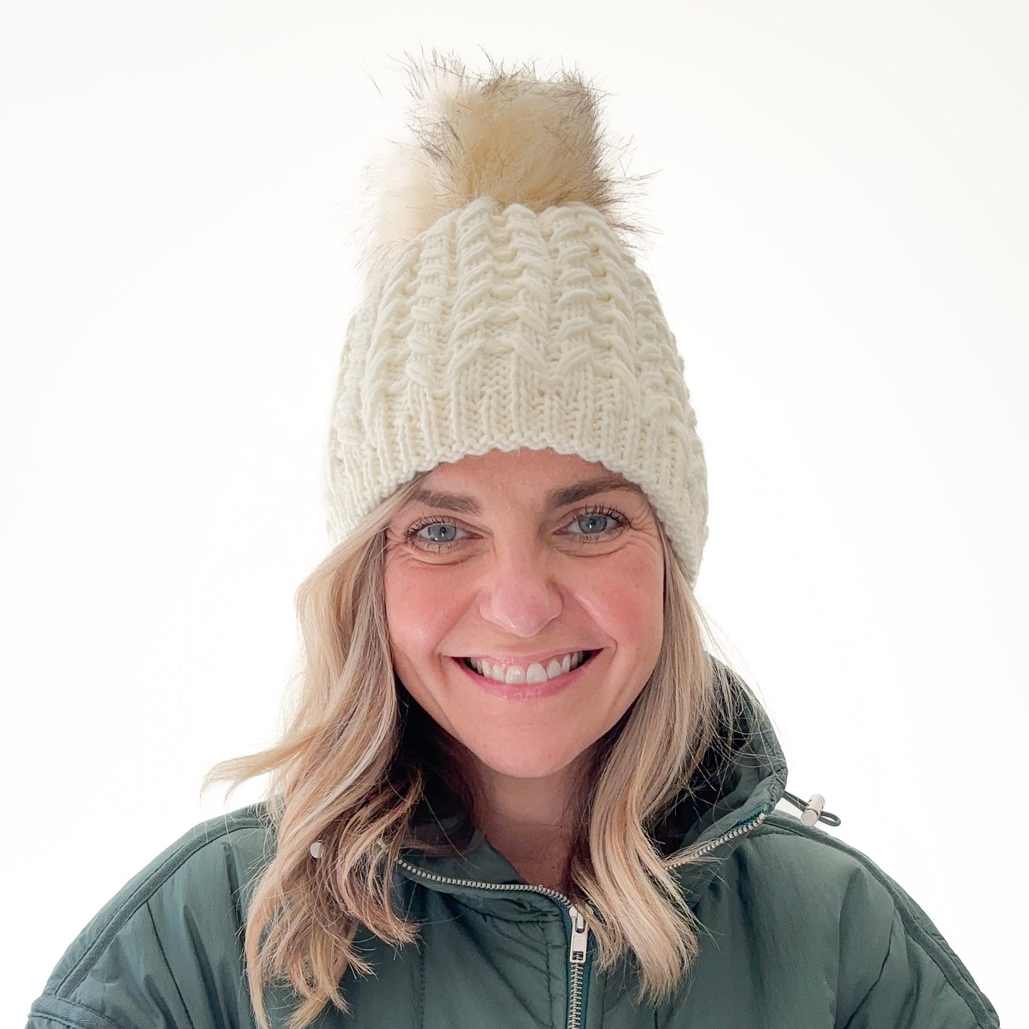 Ivory birdseye knit beanie with oversized ivory pom pom