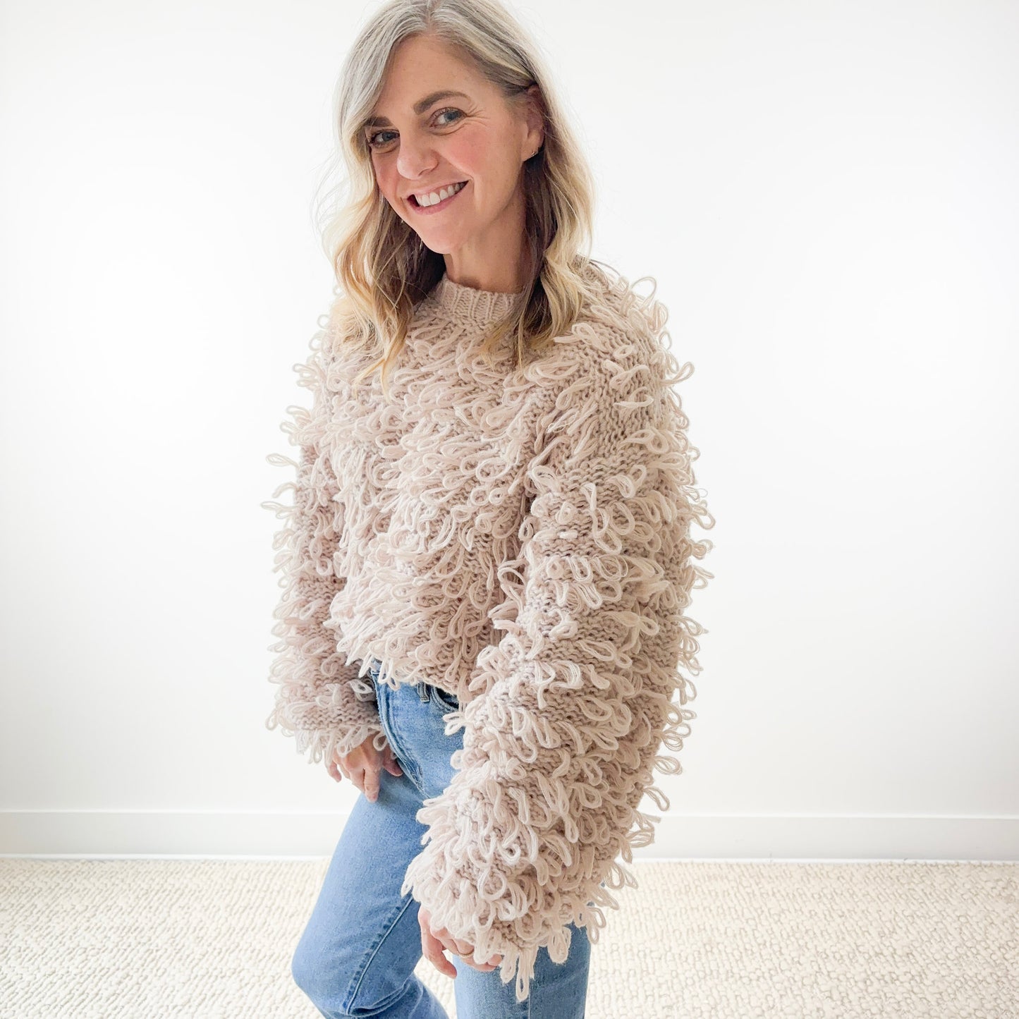 SALE Fuzzy Loop Shag Crewneck Cropped Sweater