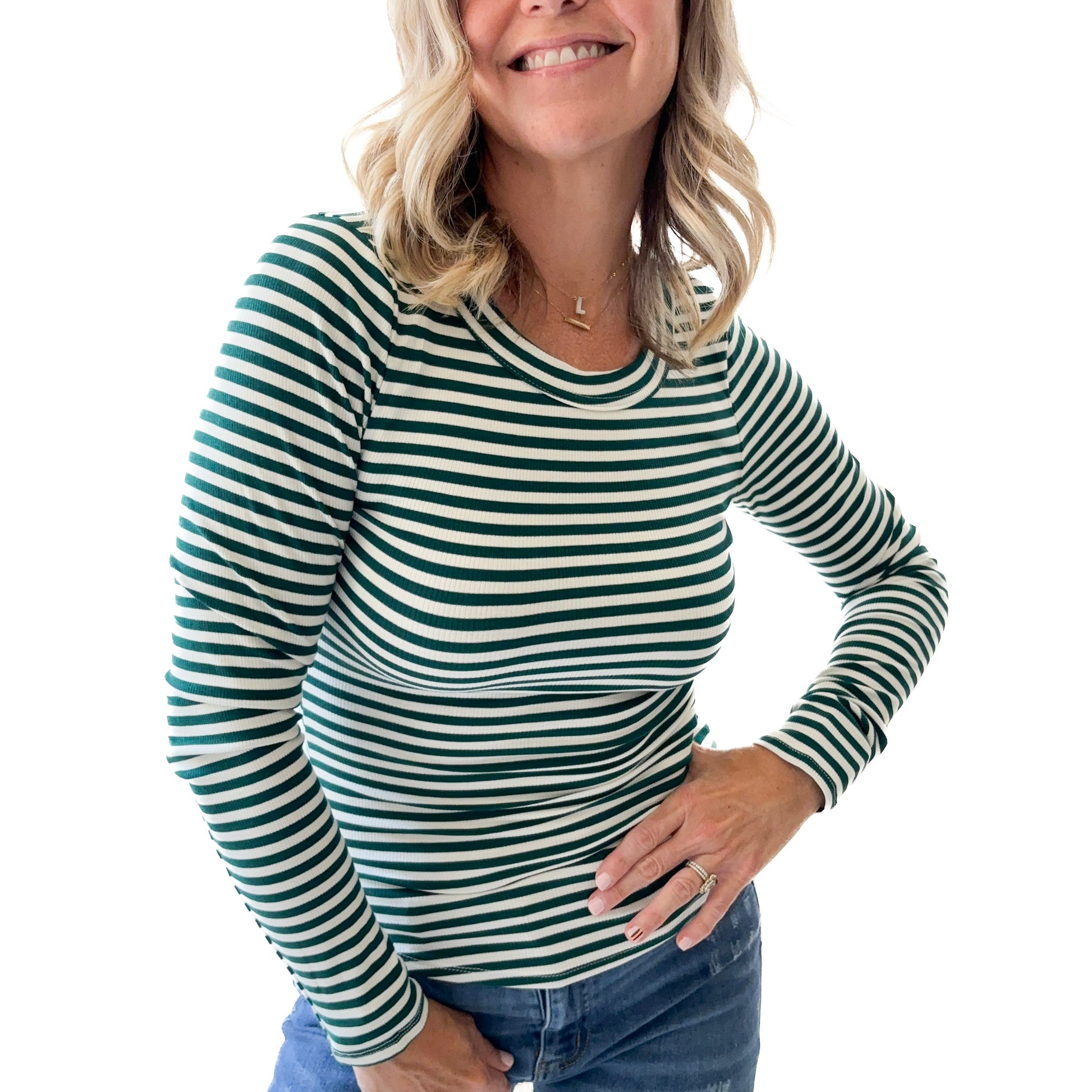 Women's long sleeve fitted green and white stripe crew neck top