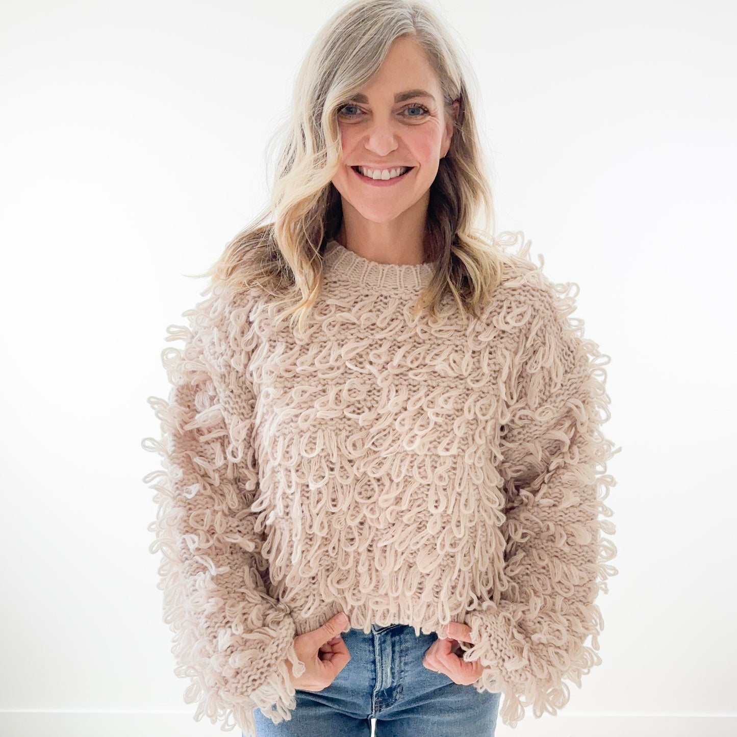 SALE Fuzzy Loop Shag Crewneck Cropped Sweater