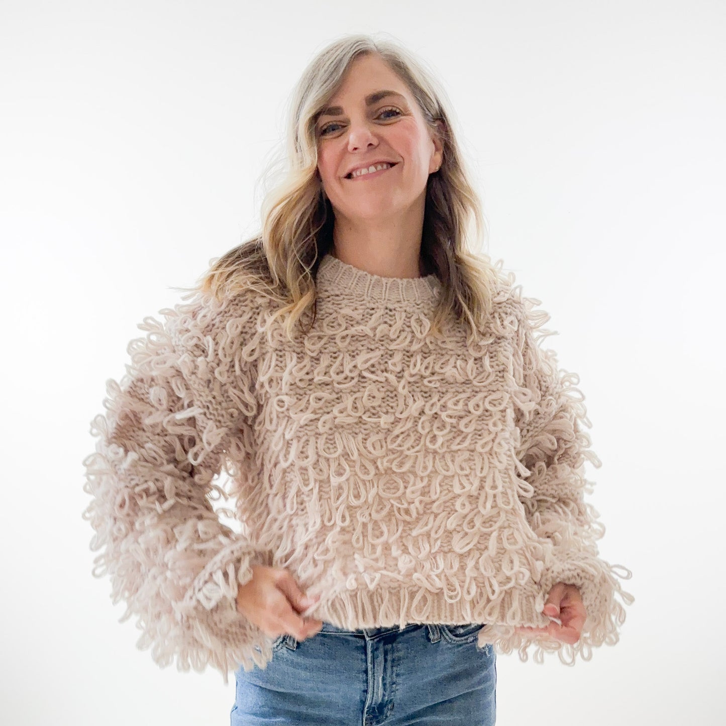 SALE Fuzzy Loop Shag Crewneck Cropped Sweater