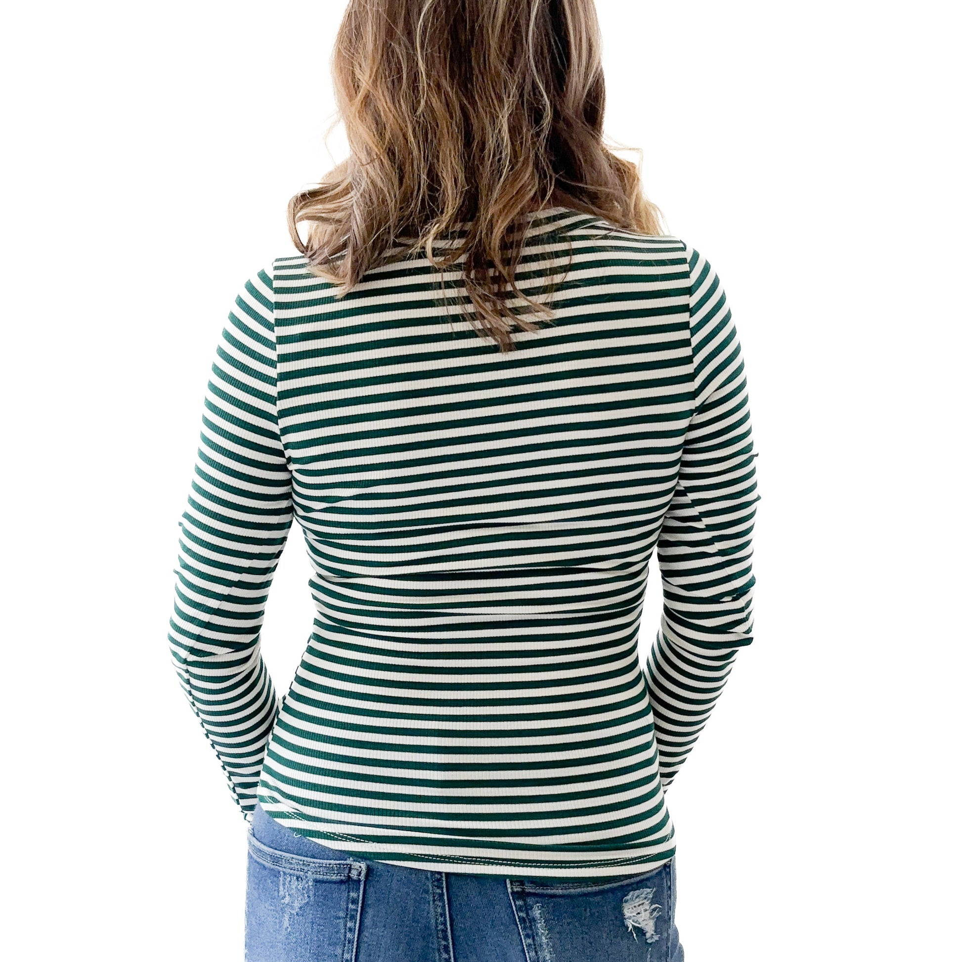 Women's long sleeve fitted green and white stripe crew neck top