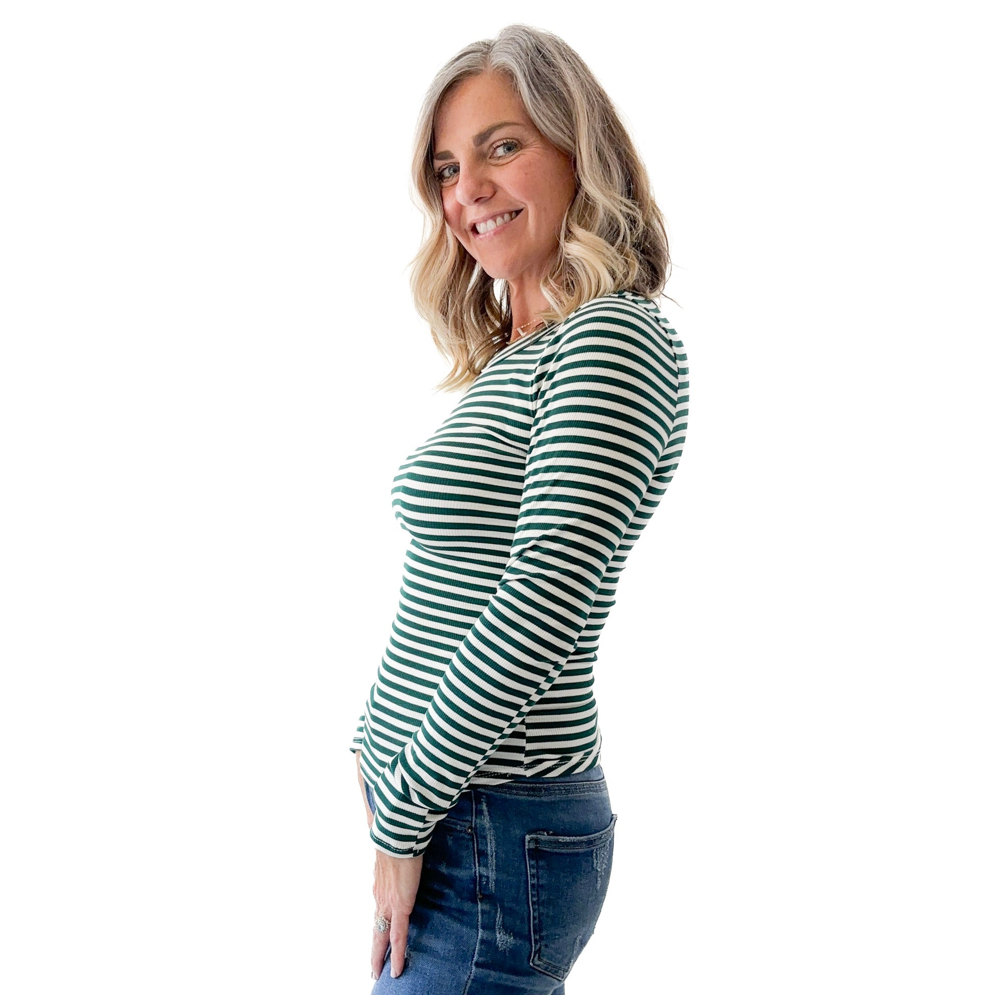 Women's long sleeve fitted green and white stripe crew neck top