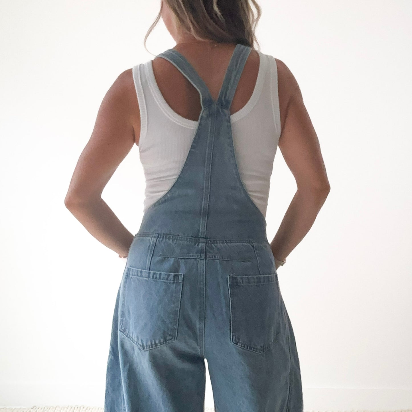 Women's knot tie barrel leg medium wash cropped overall