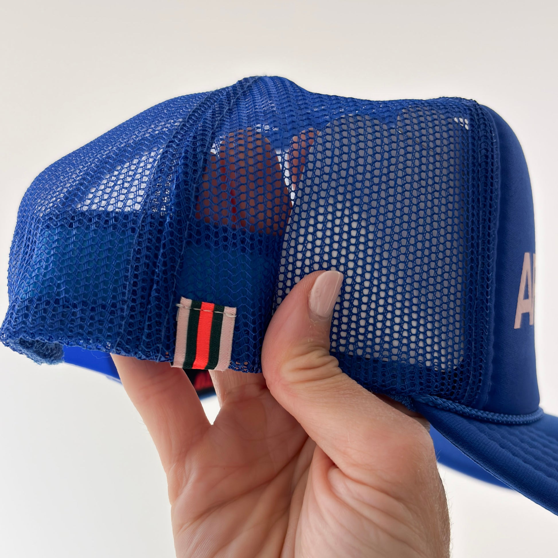Women's high profile bright blue snap back trucker hat with light pink après lake graphic