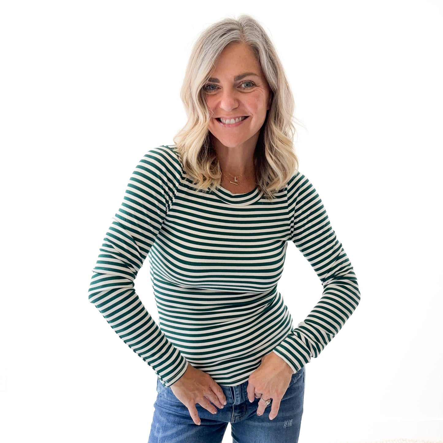Women's long sleeve fitted green and white stripe crew neck top
