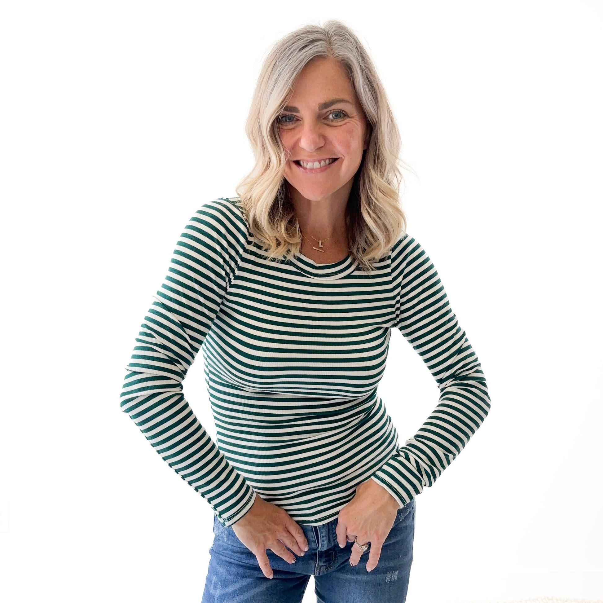 Women's long sleeve fitted green and white stripe crew neck top