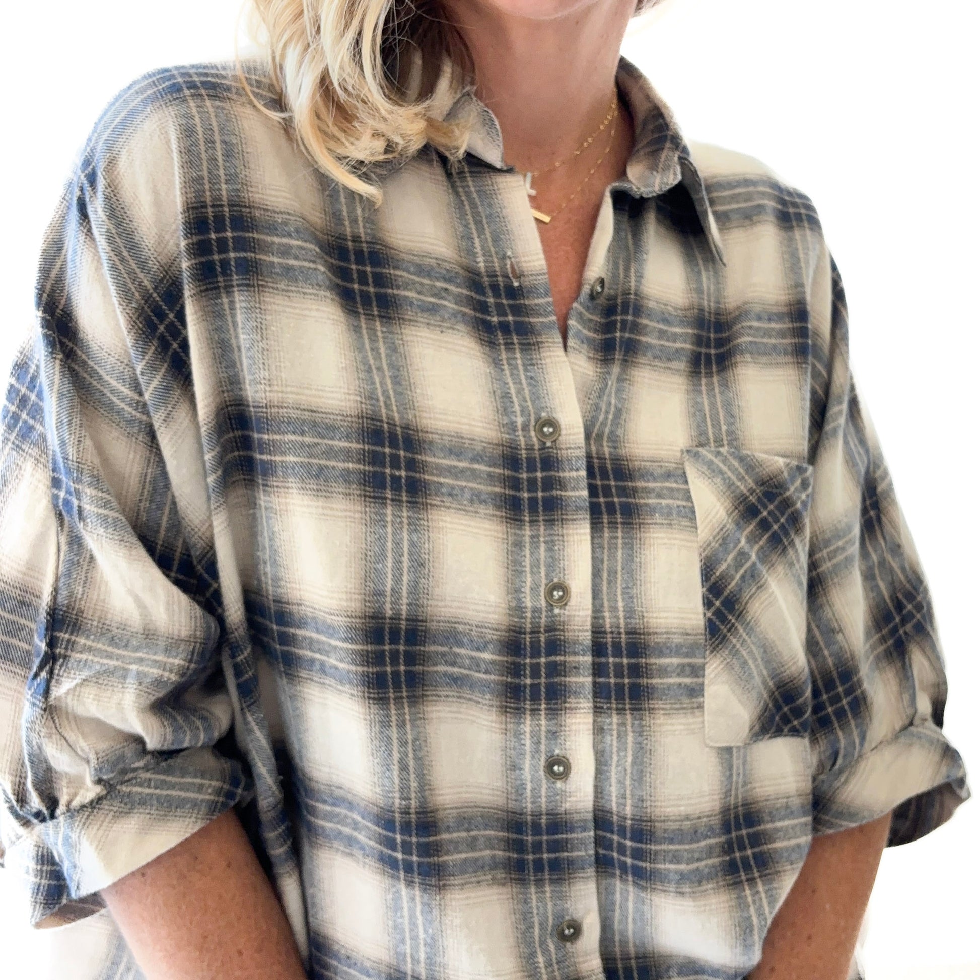 Women's ivory with blue oversized plaid button front high low top
