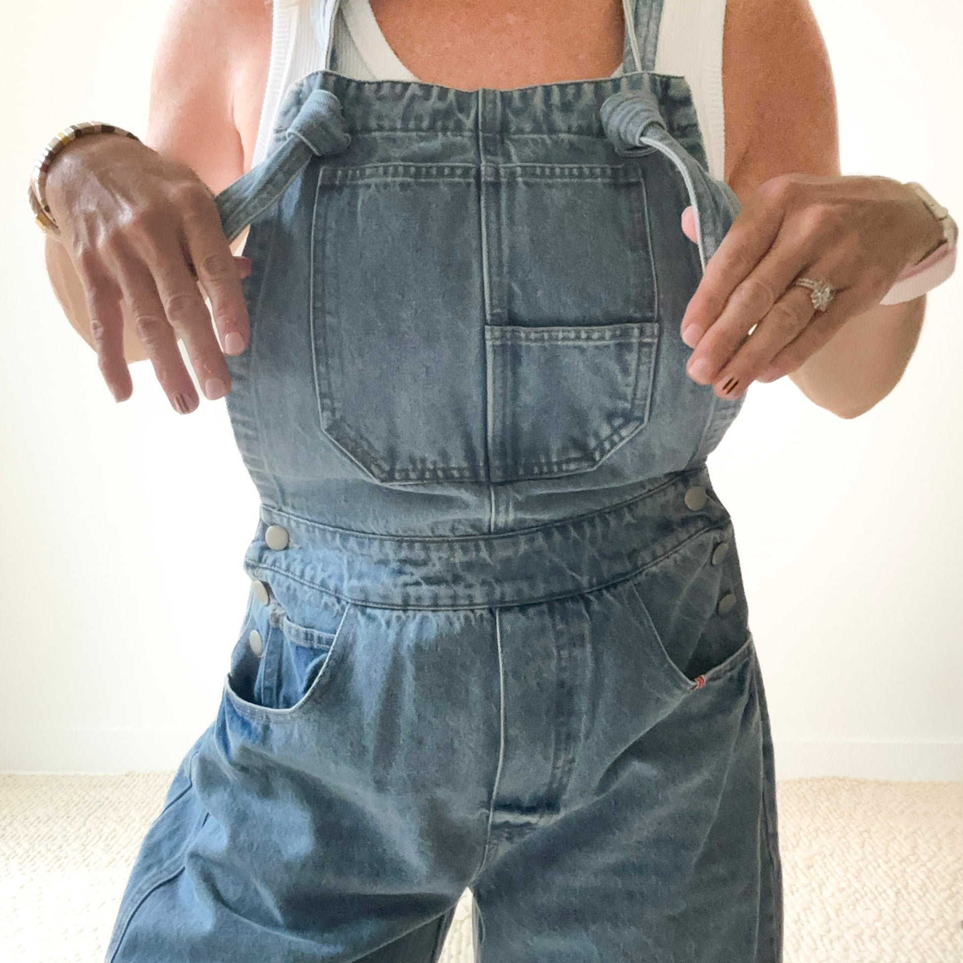 Women's knot tie barrel leg medium wash cropped overall