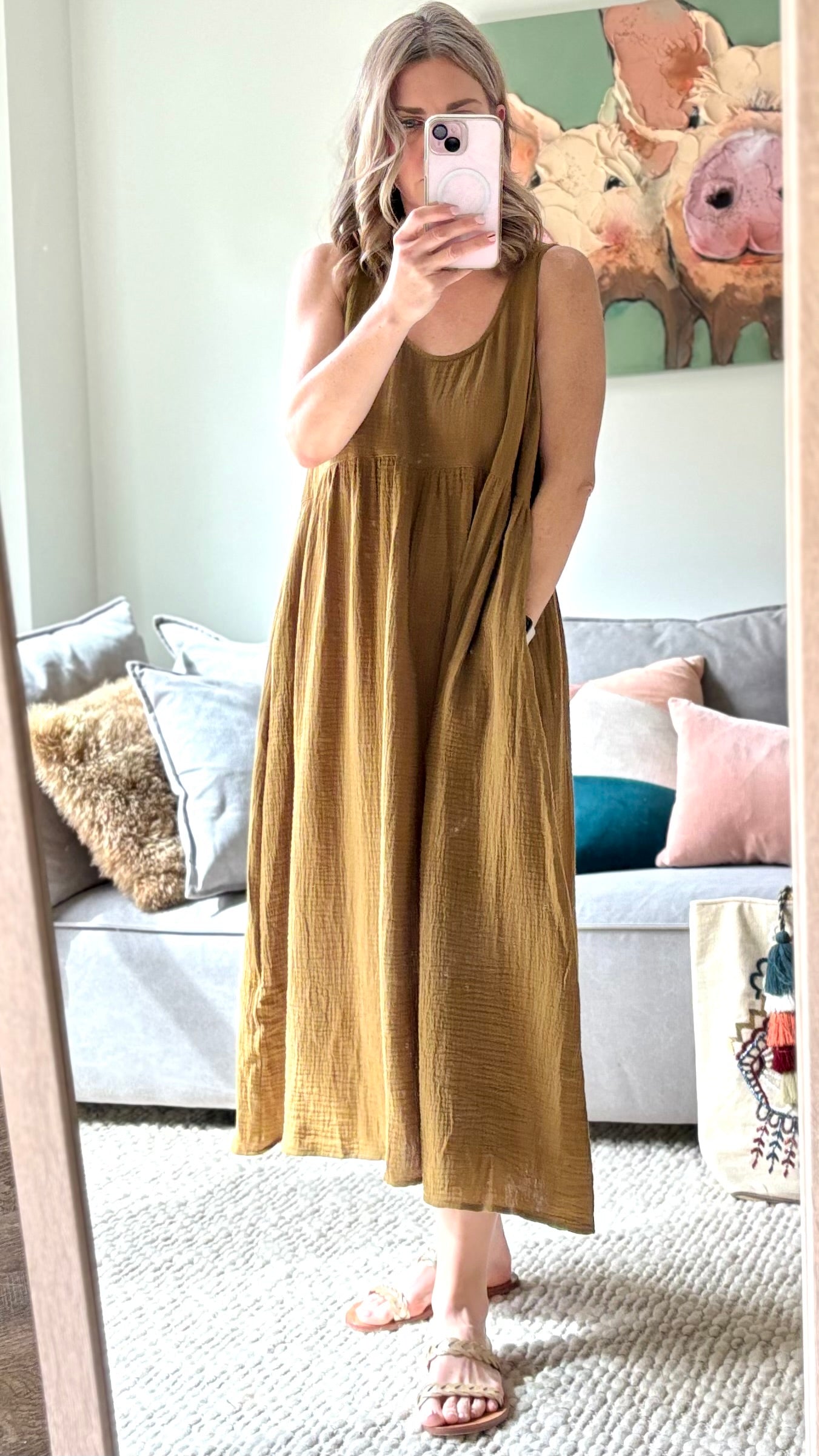 Caramel tobacco gauze tank style empire waist women's midi dress with pockets