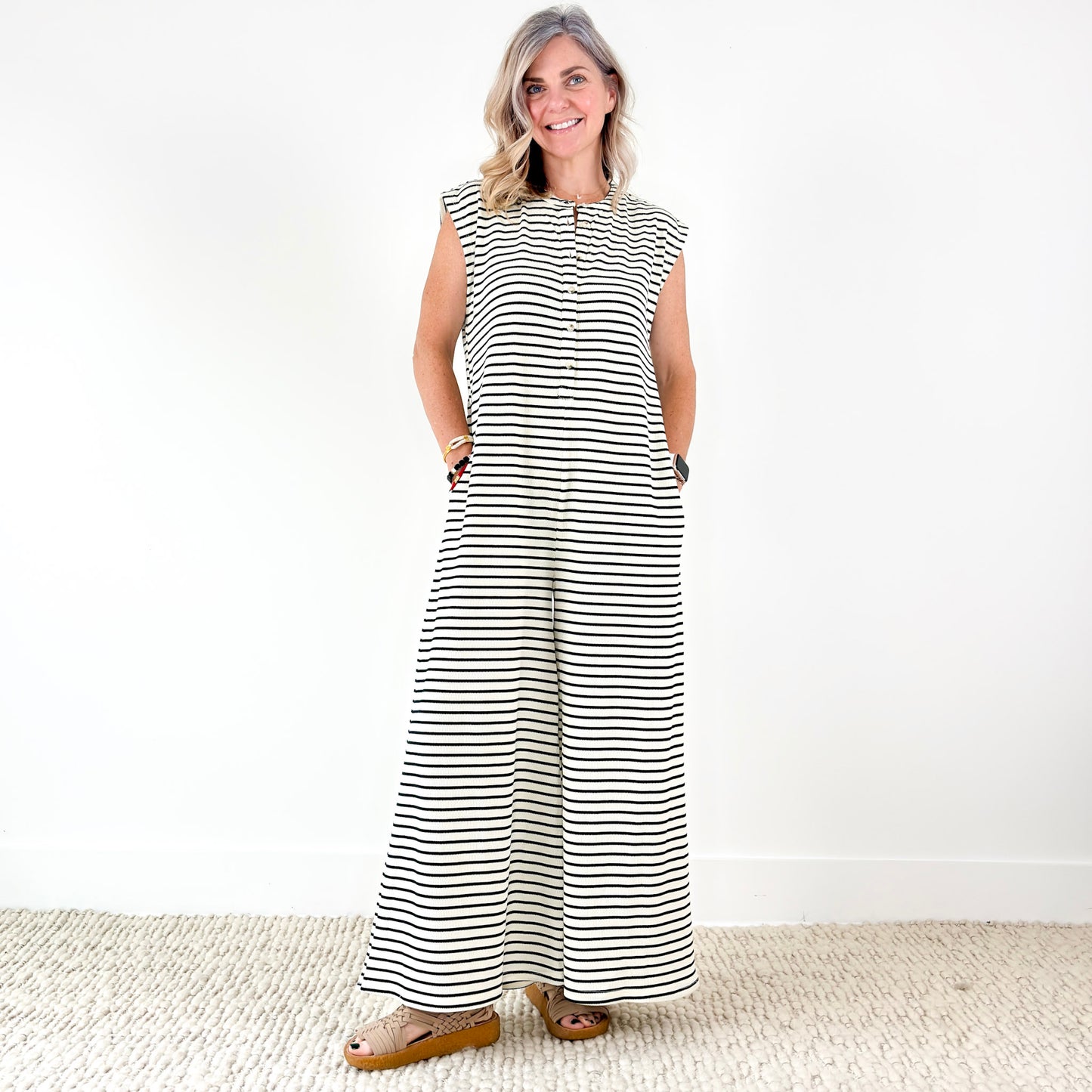 Black and white stripe wide leg button front jumpsuit